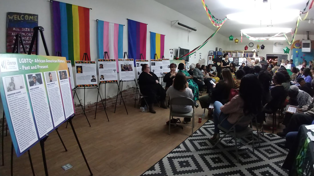 The Center with a large audience listening to presentations about LGBTQ and African American/Black history